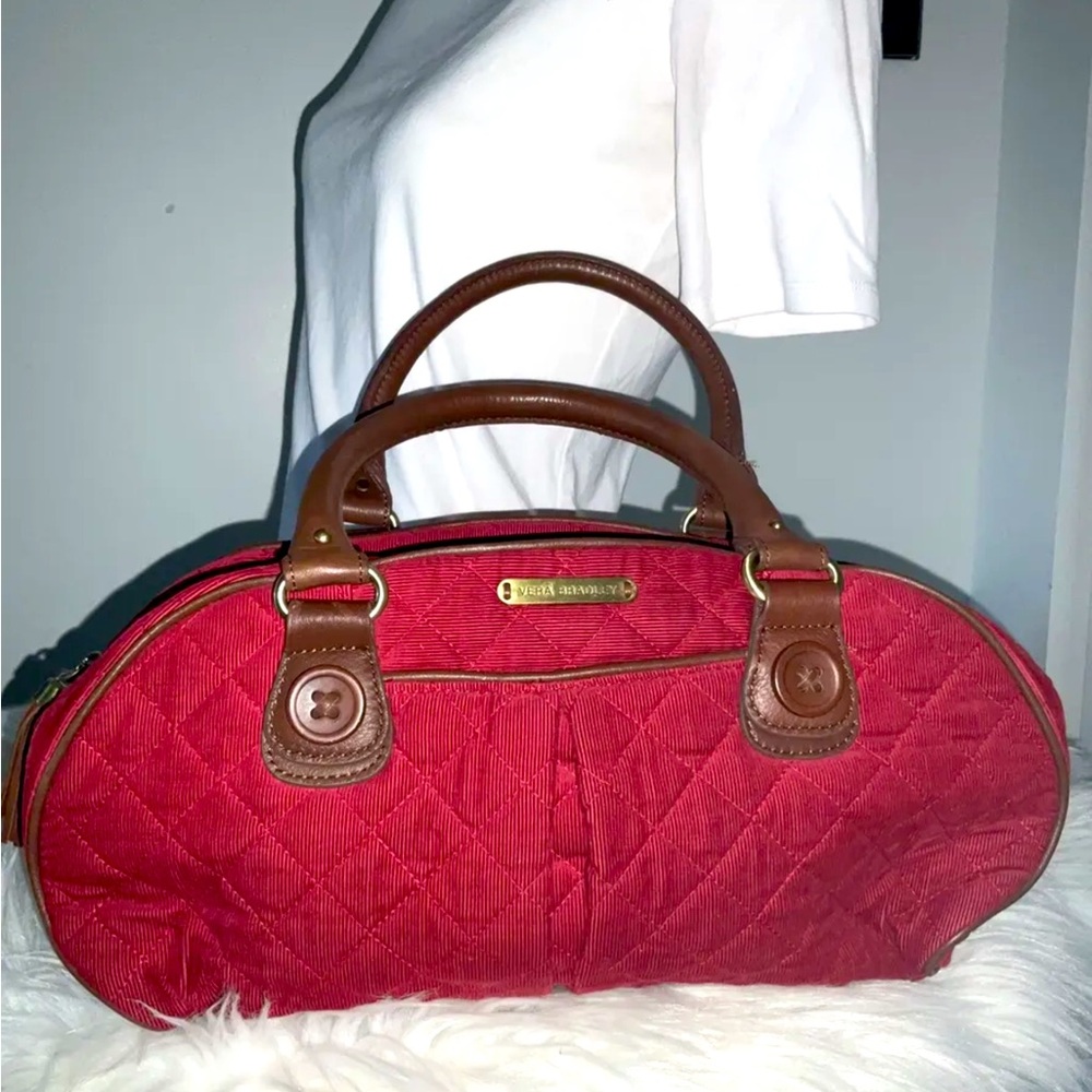 Vera Bradley RED Corduroy CANYON COLLECTION Hand Bag Purse. Leather Handles.